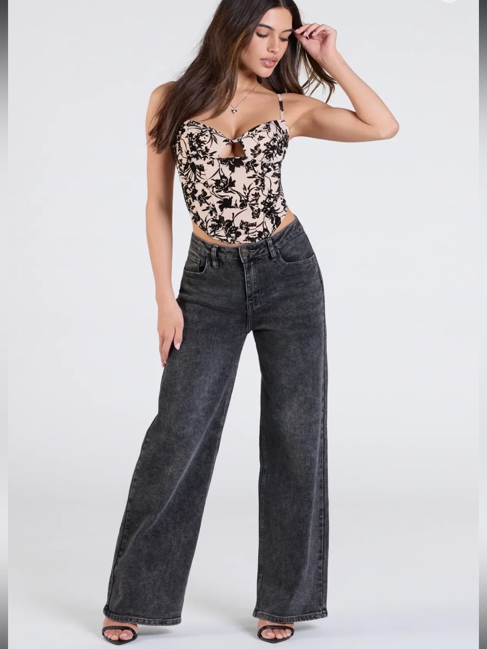 Windsor Nude Floral Corset Crop Top with Black Velvet Floral Print Size Large